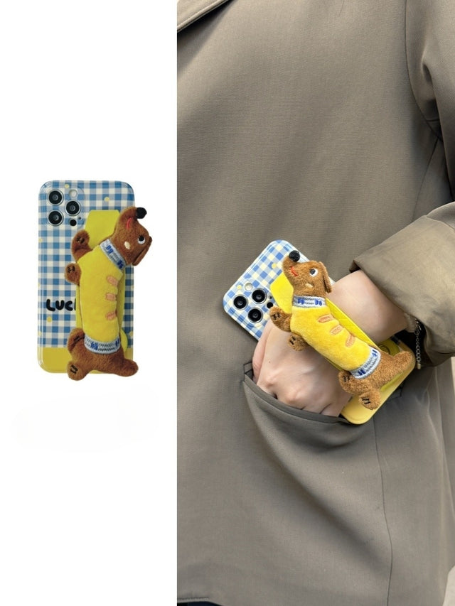 Plaid Blue Phone Case with Dachshund Plush Wrist Strap and Leather Crossbody