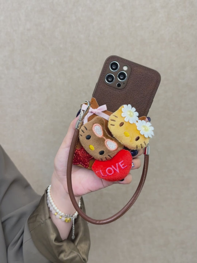 Cute Kitty Plush Phone Case with Heart Card Holder and Leather Wrist Strap