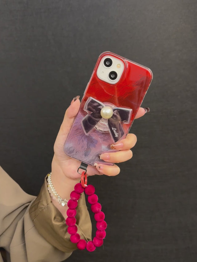 Vintage Red Gradient Phone Case with Pearl Bow Stand and Velvet Bead Bracelet