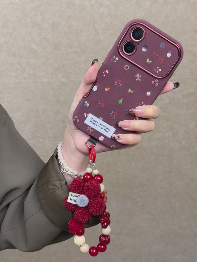 Raspberry Red Christmas Phone Case with Floral Bead Bracelet Lanyard