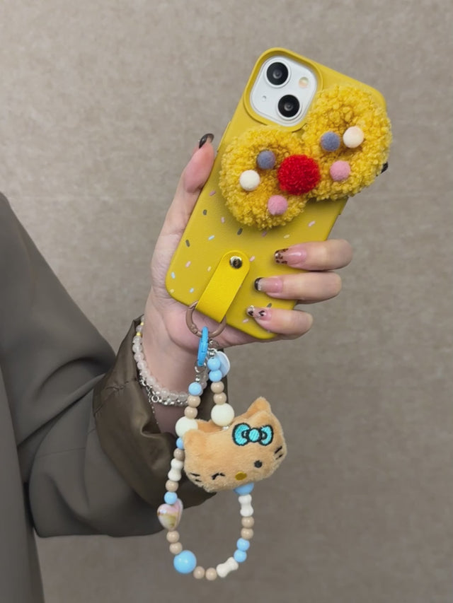 Cute Yellow Phone Case with Fluffy Bow and Cat Pouch Charm Playful