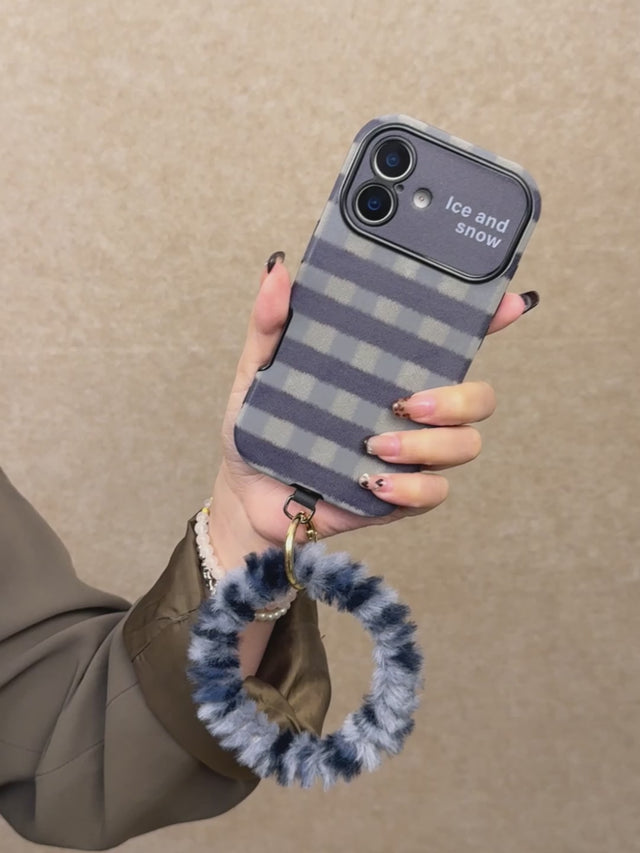 Cool Tone Plaid Phone Case with Plush Ring and Crossbody Strap Winter Style