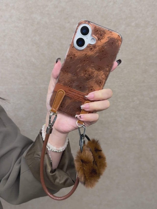 Vintage Caramel Floral Phone Case with Plush Pouch and Leather Crossbody Strap