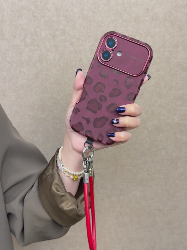 Vintage Raspberry Leopard Phone Case with Red Wrist Strap – Bold and Stylish