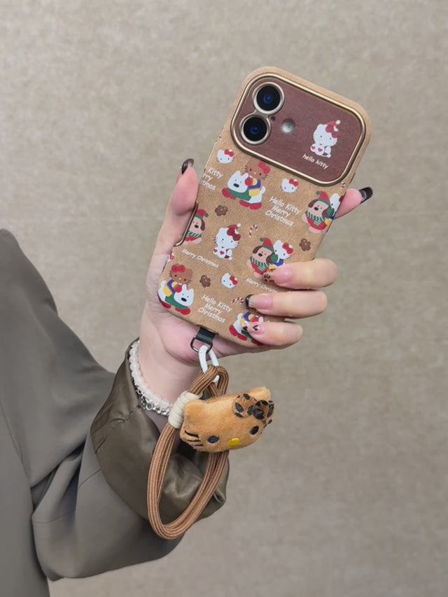 Christmas Puppy and Kitty Phone Case with Leopard Bow and Double Wrist Strap