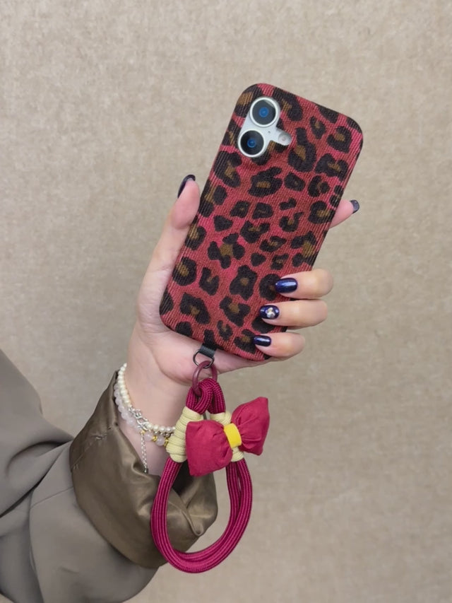 Burgundy Leopard Velvet Phone Case with Bow Accent and Crossbody Lanyard