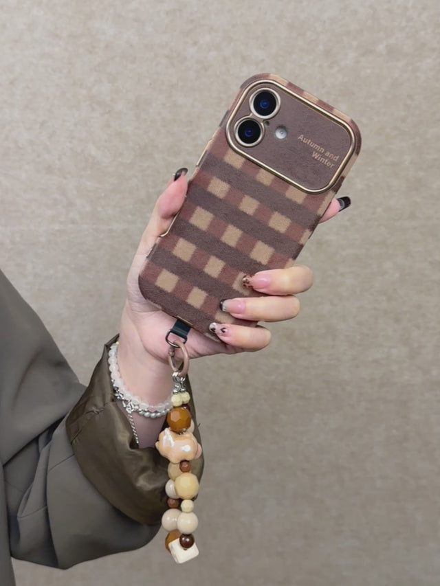 Classic Plaid Winter Phone Case with Beaded Bracelet and Leather Crossbody Strap