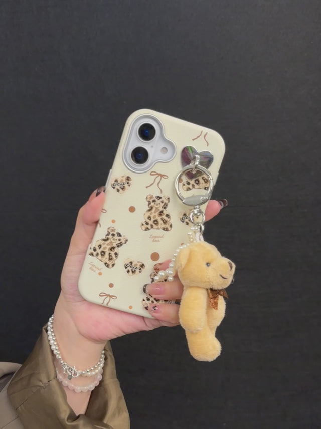 Cream Teddy Bear Phone Case with Leopard Print and Heart Charm