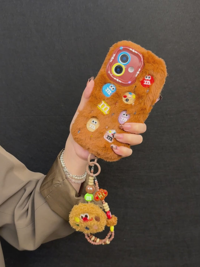 Plush M&M Cookie Phone Case with Beaded Bracelet and Leather Crossbody Strap