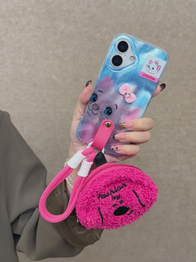 Korean-Style Marie Cat Phone Case with Pink Plush Pouch and Crossbody Strap