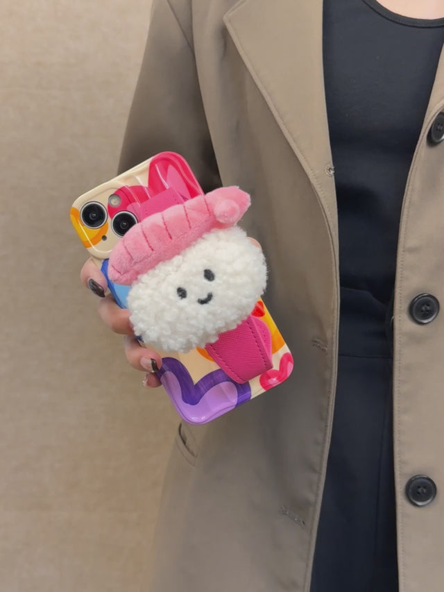 Cute Sushi Plush Phone Case with Pink Crossbody Strap