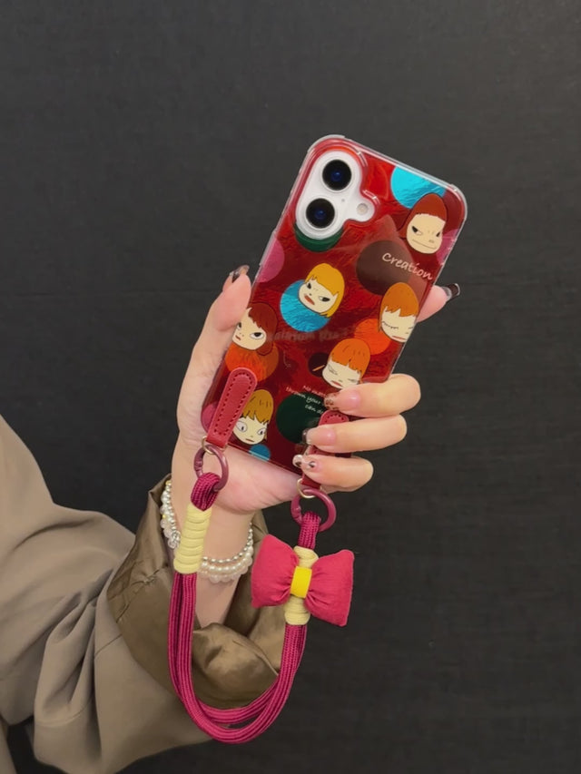 Japanese-Style Colorful Dot Phone Case with Red Hand Strap