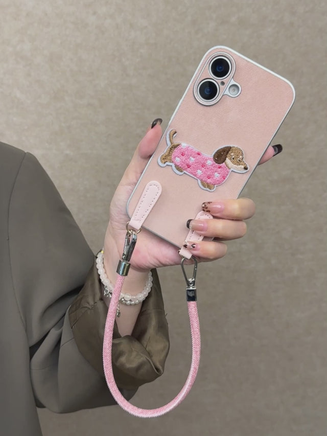 Cute Pink Dog Denim Phone Case with Crossbody Lanyard